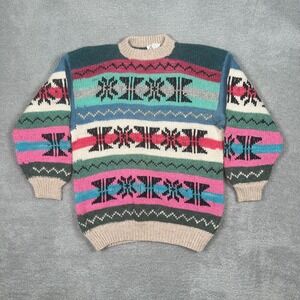 Vintage 90s Aztec Print Wool Sweater Crewneck Pattern Hand Knit Pullover Sz M/L